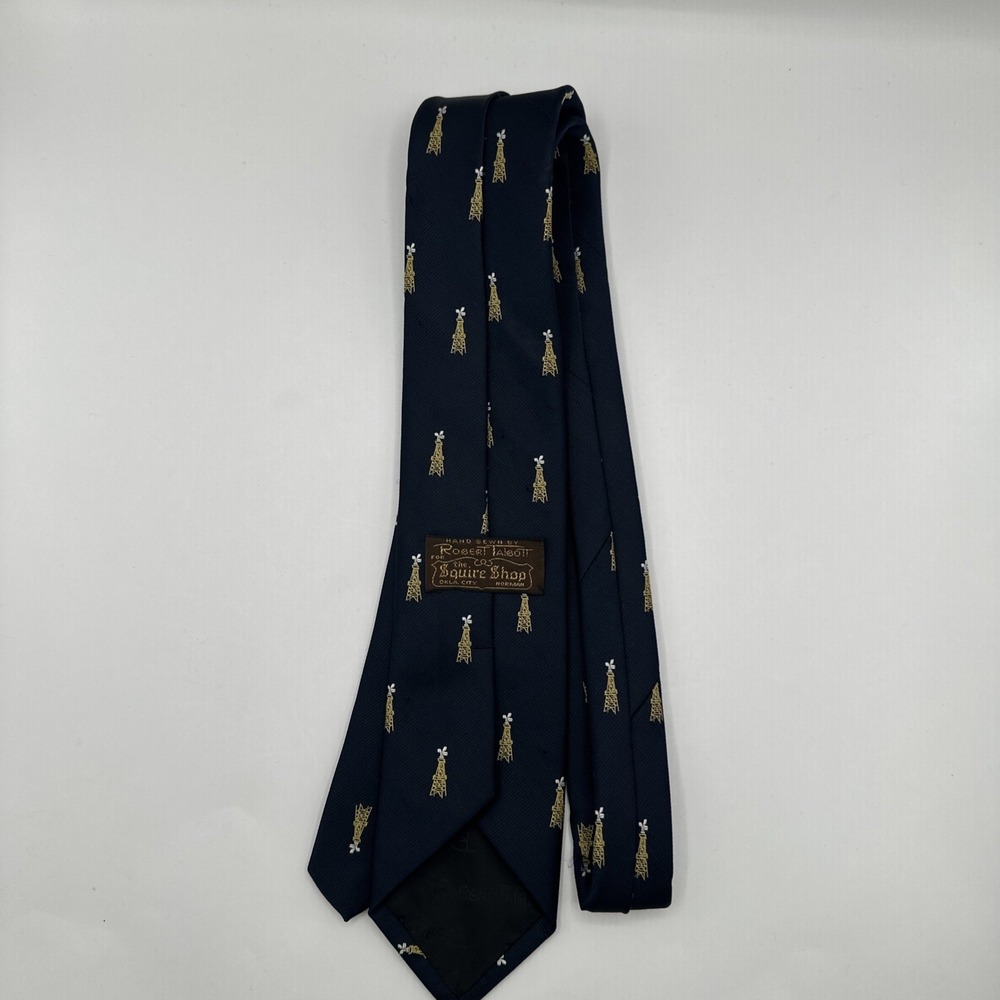 Robert Talbott Squire Shop Silk Tie Navy Gold Oil Derrick Oklahoma Hand Sewn‎
